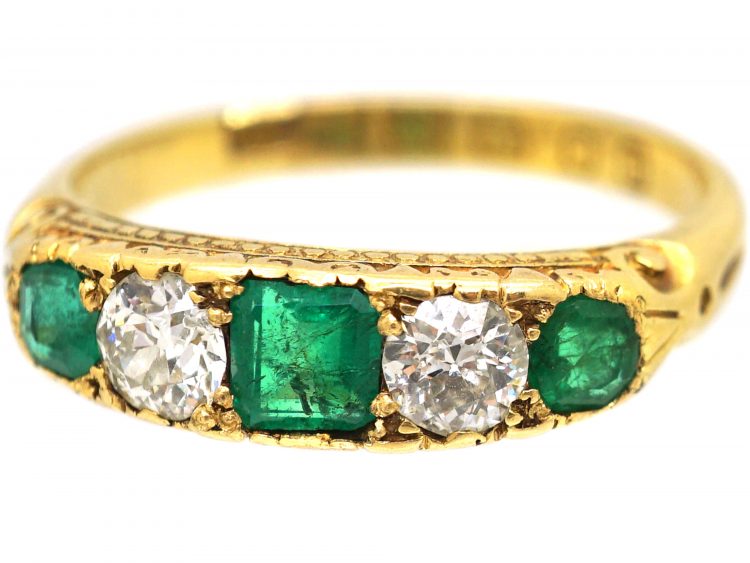 Victorian 18ct Gold, Emerald & Diamond Five Stone Ring