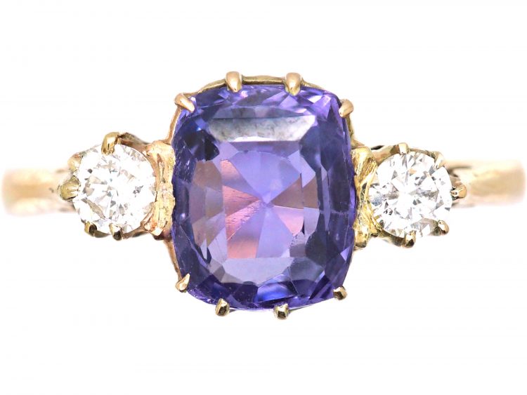 Edwardian 18ct Gold, Rectangular Sapphire & Diamond Three Stone Ring