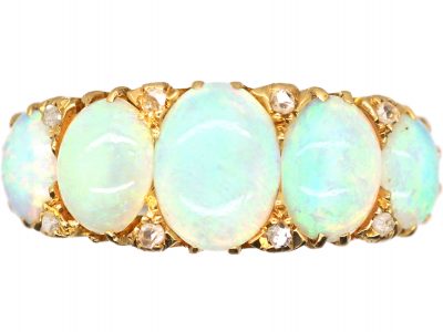 Edwardian 18ct Gold Five Stone Cabochon Opal Ring with Diamond Points