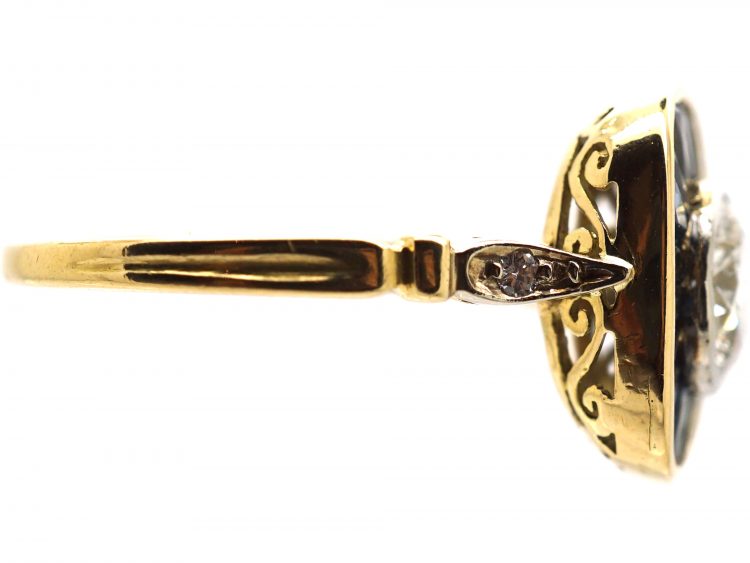 French Early 20th Century 18ct Gold & Platinum, Diamond & Sapphire Sunburst Ring