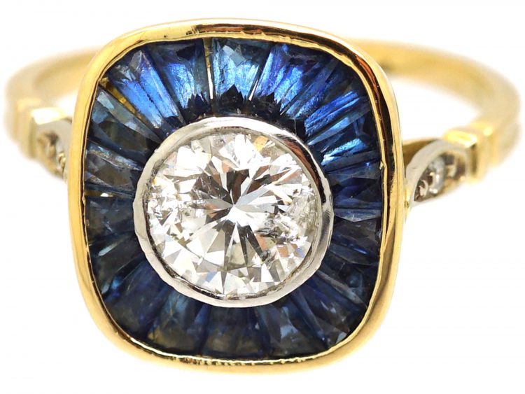 French Early 20th Century 18ct Gold & Platinum, Diamond & Sapphire Sunburst Ring