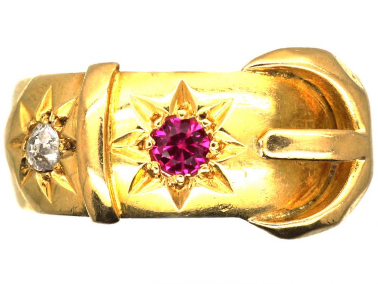 Edwardian 18ct Gold Wide Buckle Ring set with a Ruby & a Diamond