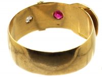 Edwardian 18ct Gold Wide Buckle Ring set with a Ruby & a Diamond