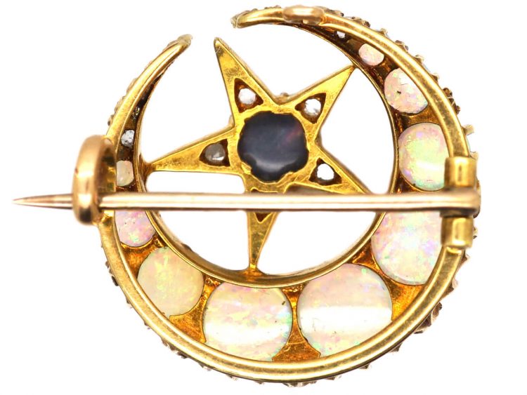 Victorian 15ct Gold Crescent Brooch set with a Black Opal, Opals & Rose Diamonds