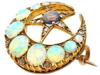 Victorian 15ct Gold Crescent Brooch set with a Black Opal, Opals & Rose Diamonds