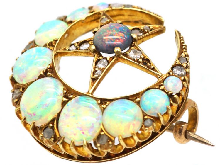 Victorian 15ct Gold Crescent Brooch set with a Black Opal, Opals & Rose Diamonds