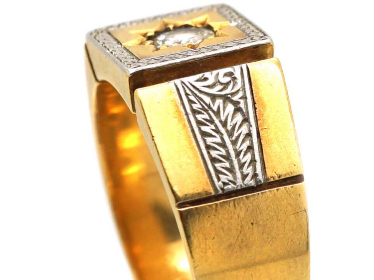 Art Deco 18ct Gold & Platinum Square Top Ring set with a Diamond