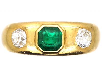 Edwardian 18ct Gold, Emerald & Diamond Three Stone Rub Over Set Ring