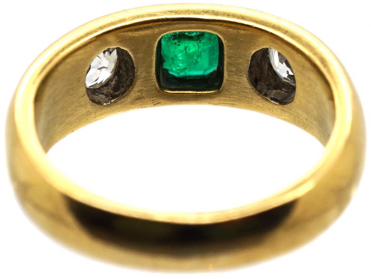 Edwardian 18ct Gold, Emerald & Diamond Three Stone Rub Over Set Ring