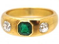 Edwardian 18ct Gold, Emerald & Diamond Three Stone Rub Over Set Ring
