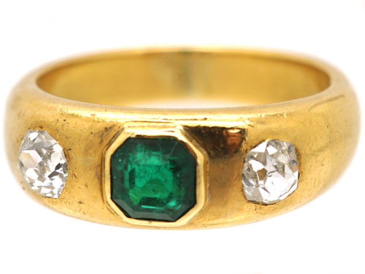 Edwardian 18ct Gold, Emerald & Diamond Three Stone Rub Over Set Ring