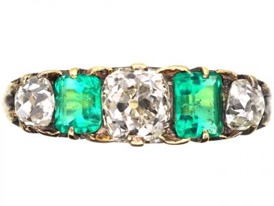 Victorian 18ct Gold, Emerald & Diamond Five Stone Ring