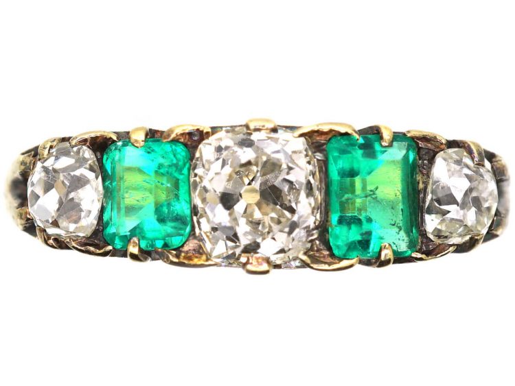 Victorian 18ct Gold, Emerald & Diamond Five Stone Ring