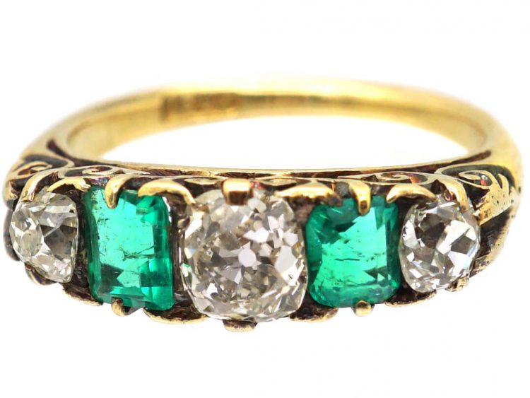 Victorian 18ct Gold, Emerald & Diamond Five Stone Ring