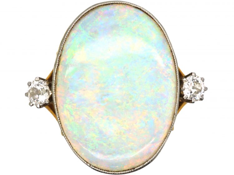 Edwardian 18ct Gold & Platinum Large Opal Ring with Diamond Set Shoulders