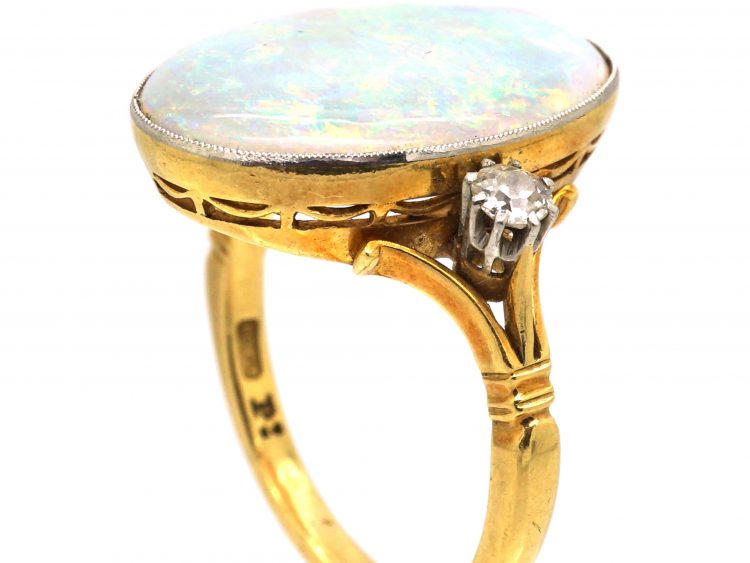 Edwardian 18ct Gold & Platinum Large Opal Ring with Diamond Set Shoulders