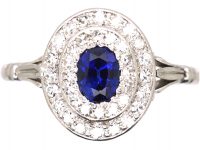 Edwardian Platinum, Sapphire & Diamond Oval Cluster Ring