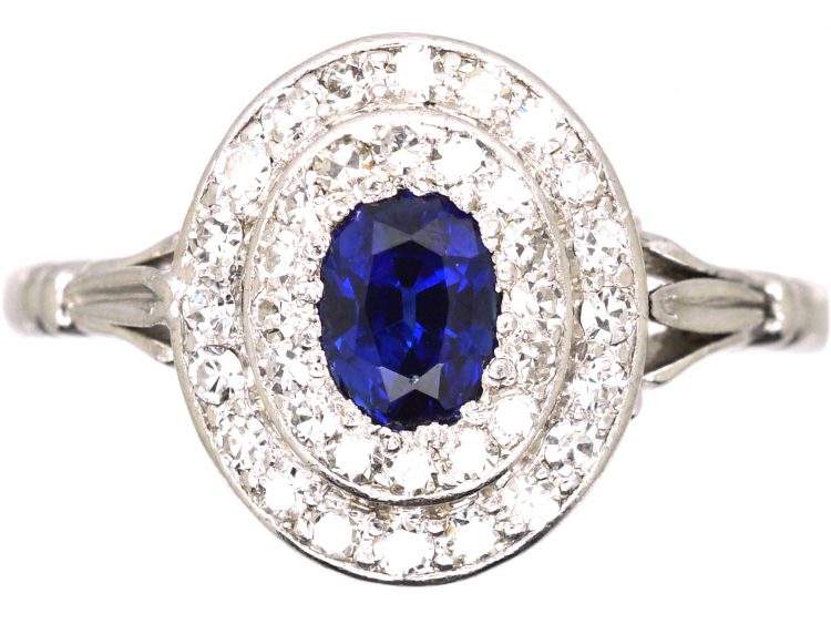 Edwardian Platinum, Sapphire & Diamond Oval Cluster Ring