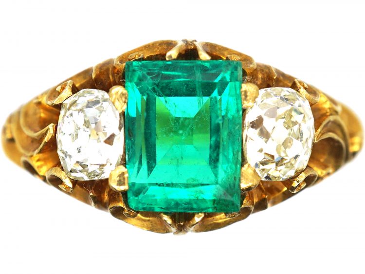 Victorian 18ct Gold, Emerald & Diamond Three Stone Ring
