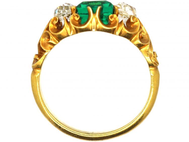 Victorian 18ct Gold, Emerald & Diamond Three Stone Ring