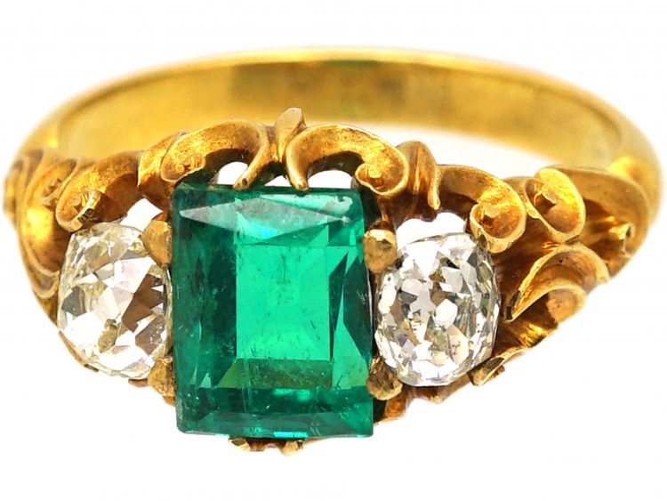 Victorian 18ct Gold, Emerald & Diamond Three Stone Ring