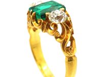 Victorian 18ct Gold, Emerald & Diamond Three Stone Ring