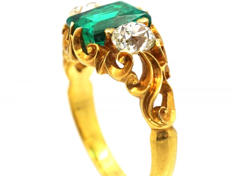 Victorian 18ct Gold, Emerald & Diamond Three Stone Ring