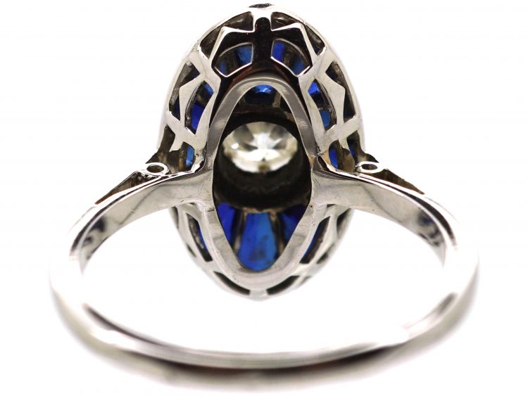 French Art Deco 18ct White Gold, Diamond & Sapphire Oval Ring