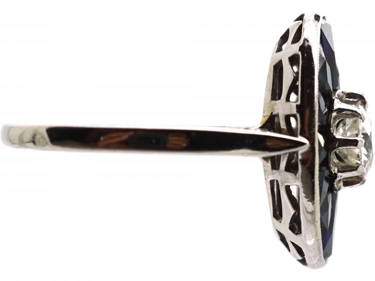 French Art Deco 18ct White Gold, Diamond & Sapphire Oval Ring