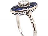 French Art Deco 18ct White Gold, Diamond & Sapphire Oval Ring