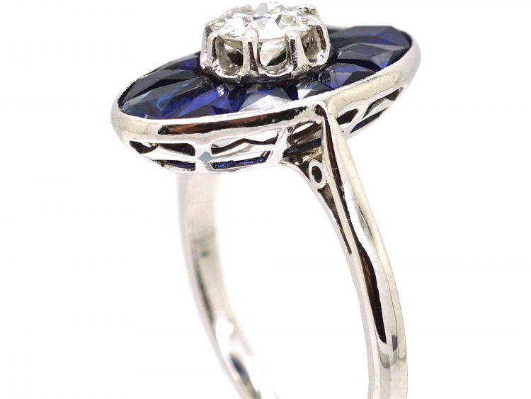 French Art Deco 18ct White Gold, Diamond & Sapphire Oval Ring