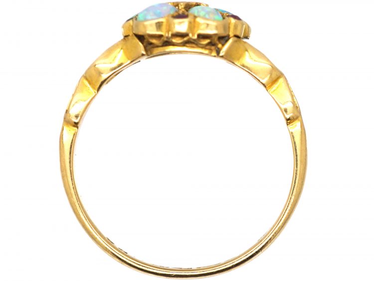 Edwardian 18ct Gold, Opal & Ruby Cluster Ring