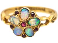 Edwardian 18ct Gold, Opal & Ruby Cluster Ring