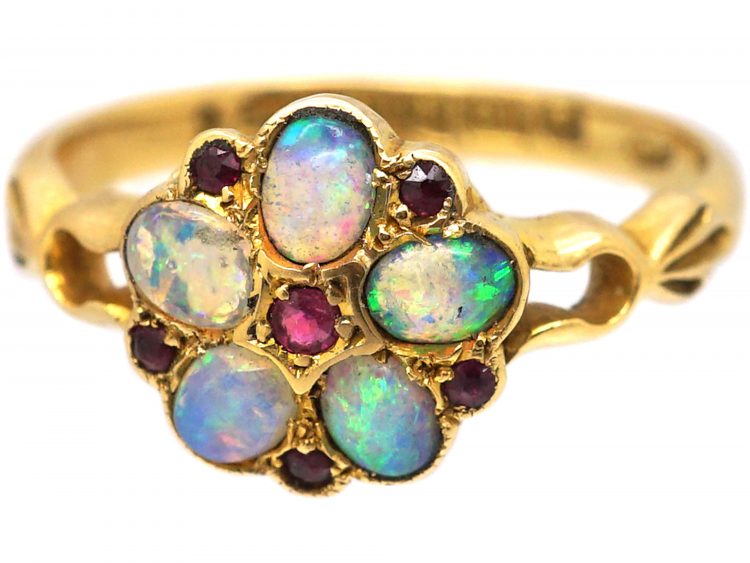 Edwardian 18ct Gold, Opal & Ruby Cluster Ring
