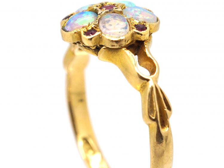 Edwardian 18ct Gold, Opal & Ruby Cluster Ring
