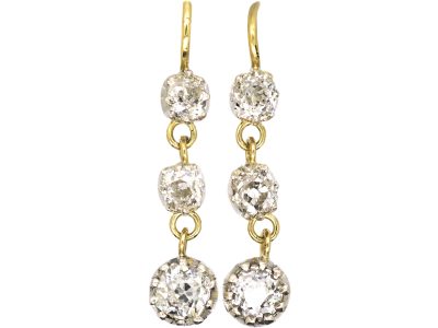 Victorian 18ct Gold Drop Earrings set with Three Old Mine Cut Diamonds