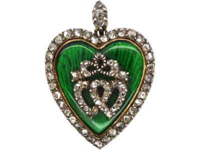 Edwardian 15ct Gold Heart Shaped Pendant & Brooch set with Diamonds & Green Enamel