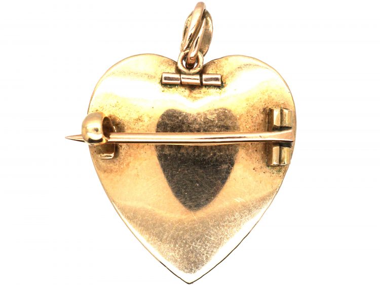 Edwardian 15ct Gold Heart Shaped Pendant & Brooch set with Diamonds & Green Enamel