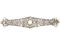 Early 20th Century 18ct White Gold, Diamond & Natural Pearl Brooch by Sybil Dunlop in Original Case