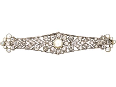 Early 20th Century 18ct White Gold, Diamond & Natural Pearl Brooch by Sybil Dunlop in Original Case