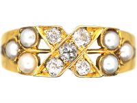 Edwardian 18ct Gold Kiss Ring set with Diamonds & Pearls