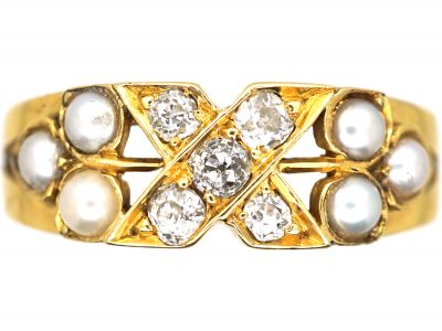 Edwardian 18ct Gold Kiss Ring set with Diamonds & Pearls