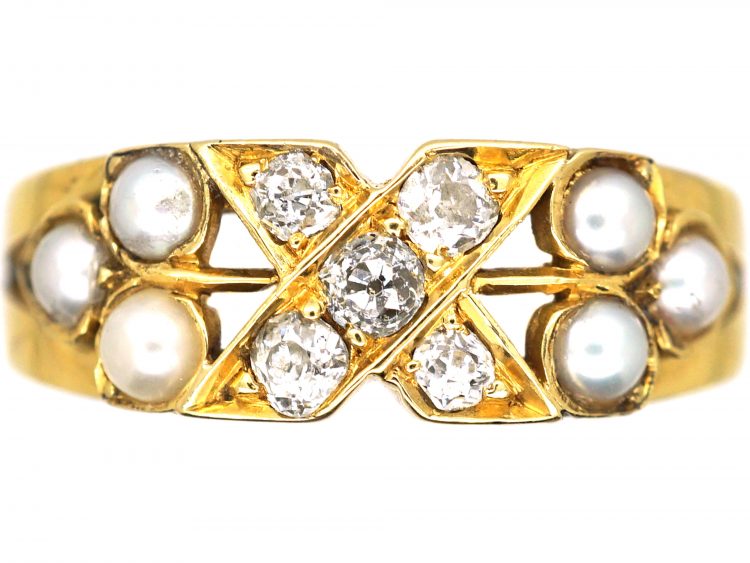 Edwardian 18ct Gold Kiss Ring set with Diamonds & Pearls