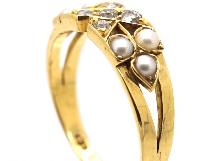 Edwardian 18ct Gold Kiss Ring set with Diamonds & Pearls