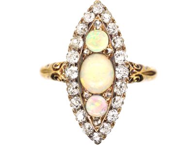 Edwardian 18ct Gold Marquise Ring set with Opals & Diamonds