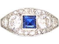 Early 20th Century Platinum, Square Cut Sapphire & Diamond Ring