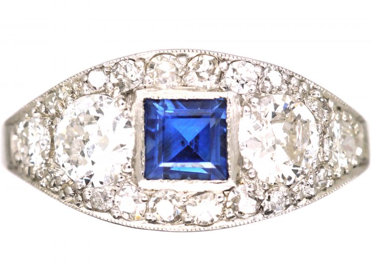 Early 20th Century Platinum, Square Cut Sapphire & Diamond Ring