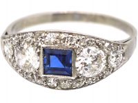 Early 20th Century Platinum, Square Cut Sapphire & Diamond Ring