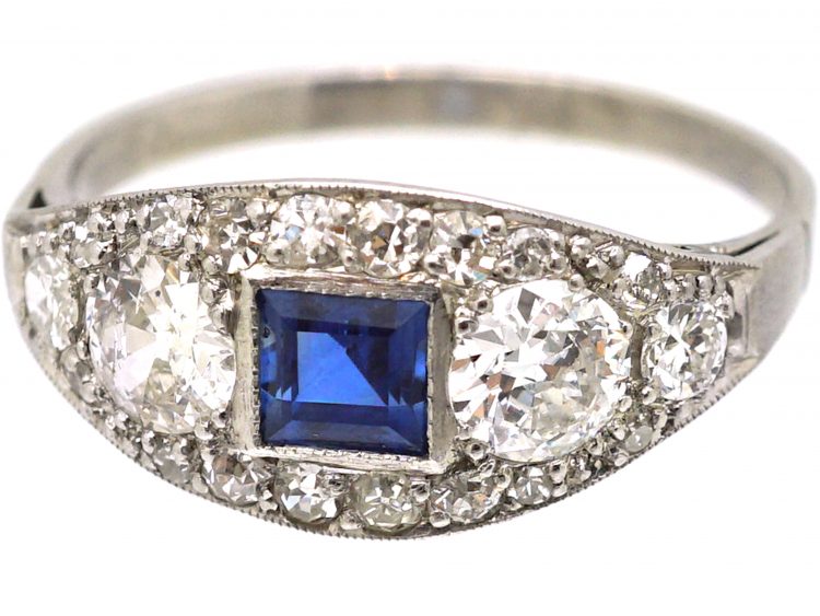 Early 20th Century Platinum, Square Cut Sapphire & Diamond Ring