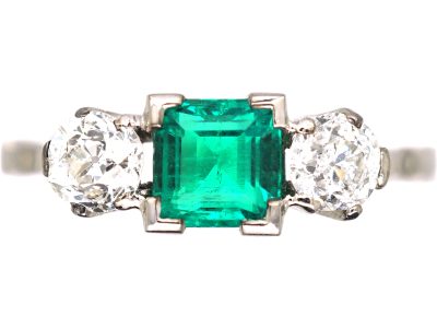Early 20th Century 18ct White Gold, Emerald & Diamond Three Stone Ring
